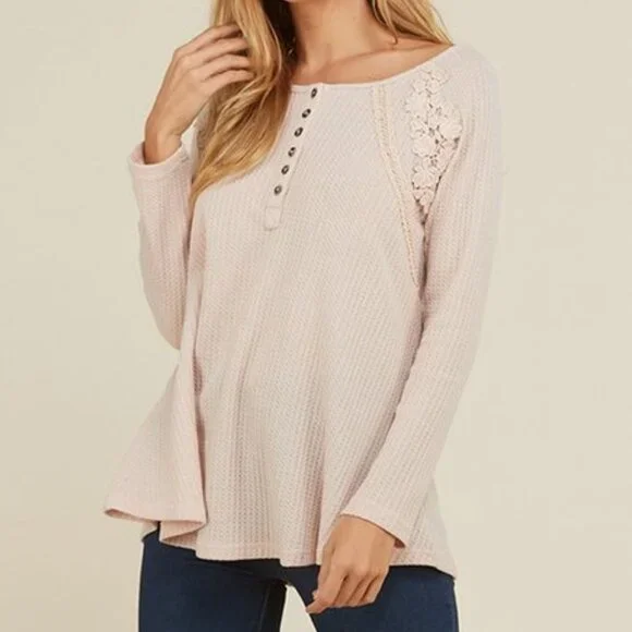 Annabelle Nude Floral Accent Thermal Henley - Picture 1 of 8